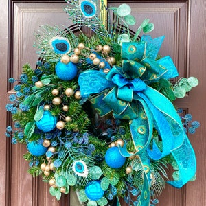 Peacock Wreath, Christmas wreath for front door, Elegant Christmas , Modern Christmas door hanger, Merry Christmas Wreath, 24 inch