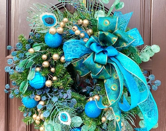Peacock Christmas Wreath, Glittery Gold Holiday Door Hanger