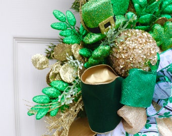 Couronne de la Saint-Patrick, très grand trèfle festif pour porte d'entrée, guirlande pour porte d'entrée, bijou vert, décor irlandais, or et vert