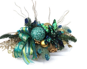 Peacock Christmas centerpiece, Unique Holiday Table Décor,  large Peacock Christmas Arrangement, floral arrangement, holiday arrangement