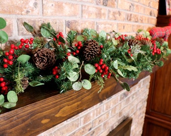 Christmas Mantle Garland with Pinecones and Red Berries