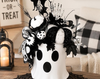 Black & White Ghost Halloween Arrangement, Skeleton Hand Centerpiece