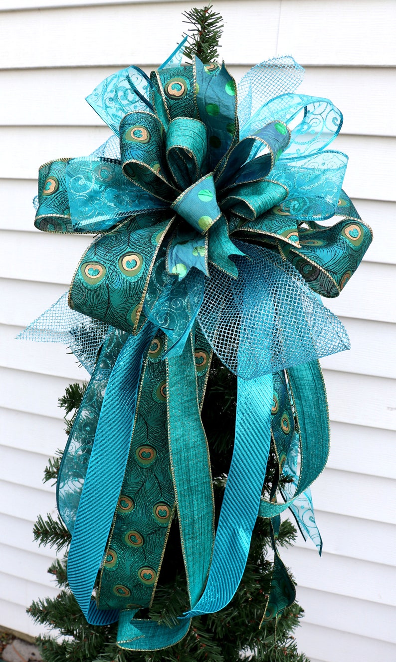 Peacock Christmas Tree Topper Green Ribbon Tree Topper Etsy
