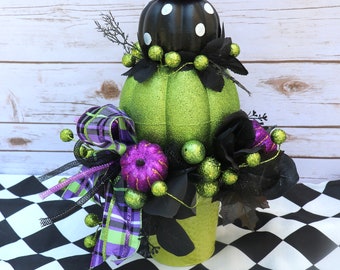 Halloween table topiary arrangement, Stacked Purple Green and Black pumpkins, Pumpkin topiary centerpiece, Halloween Party table centerpiece