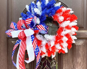 Americana Wreath, Patriotic Front Door Decor with LED Lights