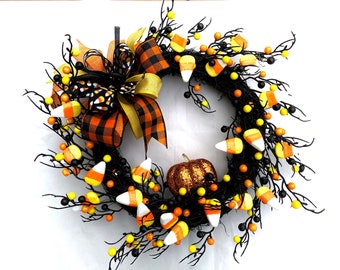 Halloween Candy Corn wreath, front door wreath Halloween, black and orange wreath,Halloween decorations, 18inch wreath