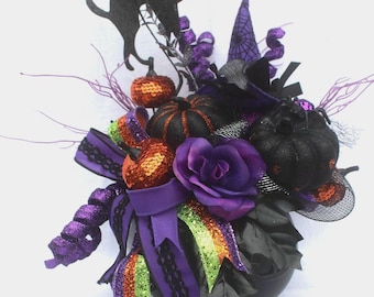 Halloween Cauldron Centerpiece, Witch Hat, Black Pumpkins & Glitter Decor