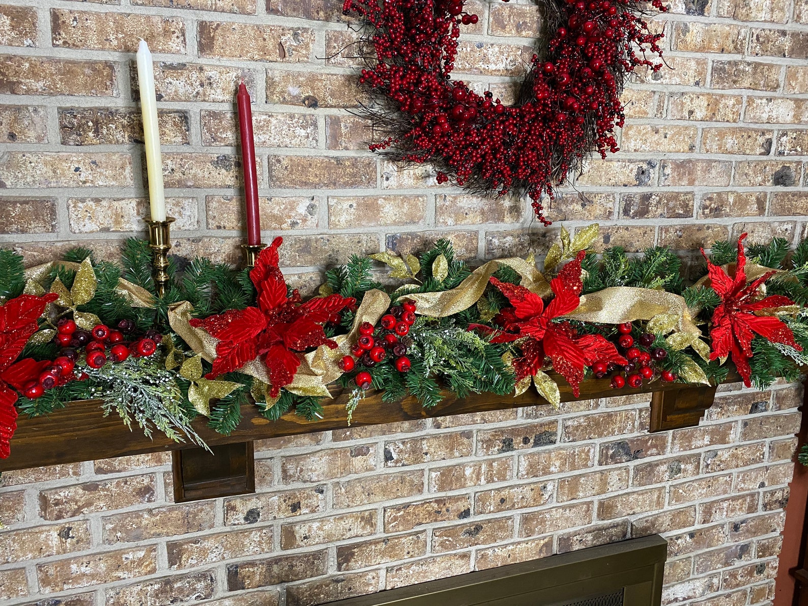 Christmas Mantle Garland Christmas Decor Red Poinsettia and | Etsy