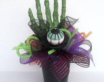Glitter Skeleton Hand Eyeball Halloween Arrangement, Spooky Decor