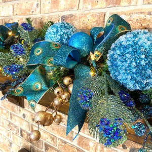 Peacock Garland Christmas Mantle, fireplace garland, Stair Railing decor, Over the door Swag, Fireplace mantle pine garland, Various lengths image 5