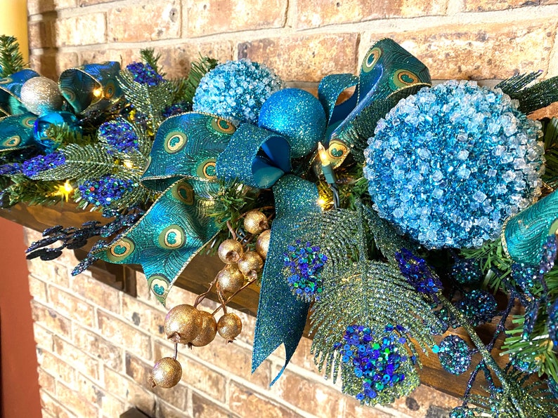 Peacock Garland Christmas Mantle, fireplace garland, Stair Railing decor, Over the door Swag, Fireplace mantle pine garland, Various lengths image 5