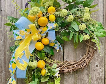 Large Lemon Summer Wreath, Yellow and Blue wall decor, everyday wreath for front door, spring wreath, front porch decor
