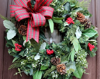 Christmas Wreath, Holiday door decor, Traditional Door hanger, Mantle decor, Door wreath, xmas wreath, Christmas decorations, plaid bow