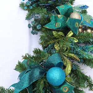 Peacock Garland Christmas Mantle, fireplace garland, Stair Railing decor, Over the door Swag, Fireplace mantle pine garland, Various lengths image 6