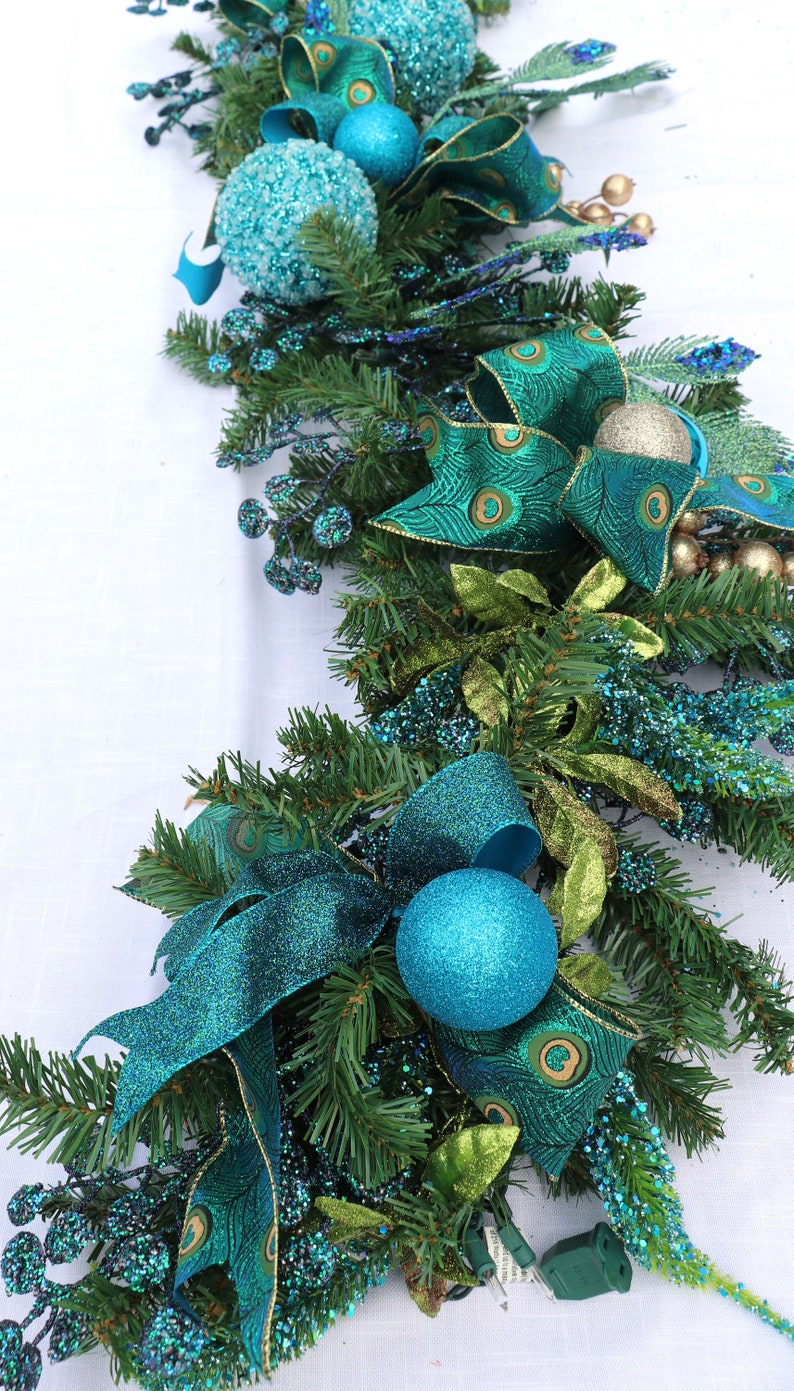 Peacock Garland Christmas Mantle, fireplace garland, Stair Railing decor, Over the door Swag, Fireplace mantle pine garland, Various lengths image 6