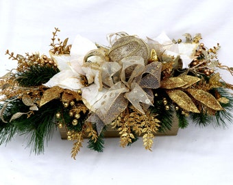 Gold Christmas Centerpiece, Holiday Table Arrangement, Poinsettia Decor