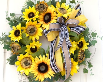 Summer silk sunflower wreath for front door, Mother's Day flowers, wreathe, front door decoration, spring wreath,Fall Wreath, Farmhouse
