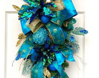 Peacock Wreath, extra large Christmas wreath for front door, Elegant Christmas , Modern Christmas door hanger, Front Door Swag, feathers