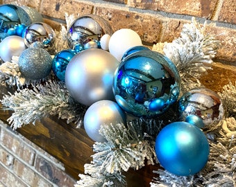 Silver & Blue Christmas Garland, Flocked Pine Mantle Decor