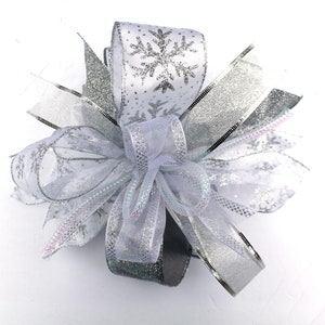 White Silver Christmas bow for wreaths, mantle bow, lantern bow, holiday decoration, Tree topper, Silver white Christmas gift bow