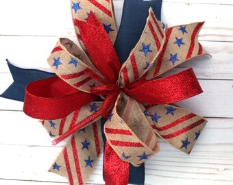 Fourth of July burlap bow, lantern bow, Patriotic lantern bow, 4th of July bow, front door wreath bow, wired ribbon bow, hand tied bows