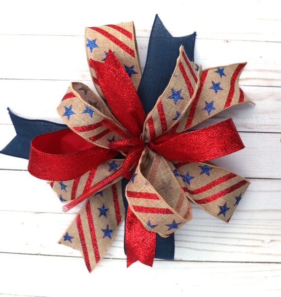 Fourth of July burlap bow, lantern bow, Patriotic lantern bow, 4th of July bow, front door wreath bow, wired ribbon bow, hand tied bows