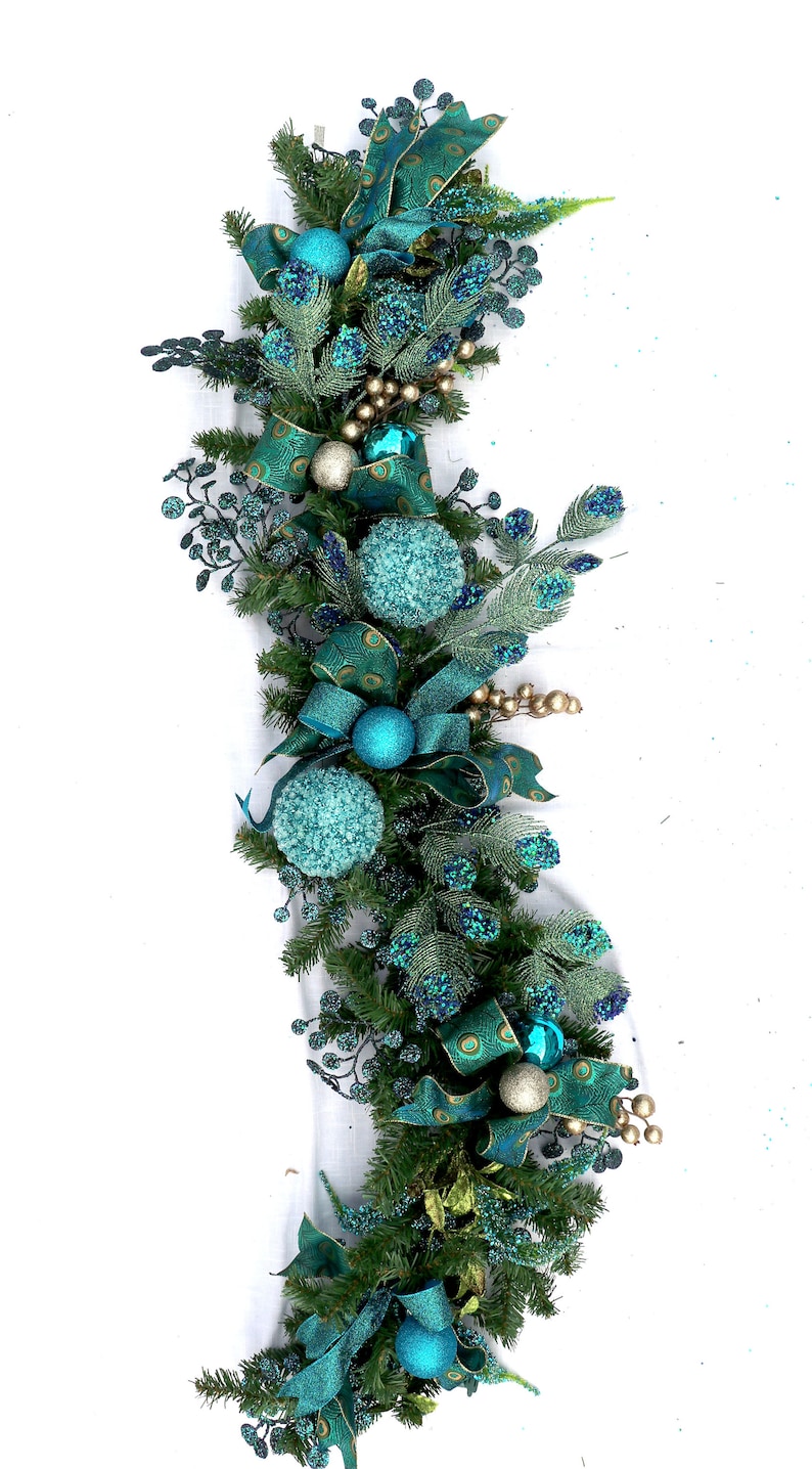 Peacock Garland Christmas Mantle, fireplace garland, Stair Railing decor, Over the door Swag, Fireplace mantle pine garland, Various lengths image 2