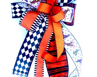 Halloween Wreath Bow, Orange Black Harlequin Wired Ribbon