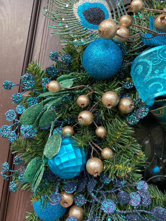 Peacock Wreath, Christmas Wreath for Front Door, Elegant Christmas , Modern  Christmas Door Hanger, Merry Christmas Wreath, 24 Inch 