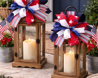 Patriotic Lantern Bow, one bow, Red White Blue Stars Stripes Ribbon, Americana Decor, listing is for one bow