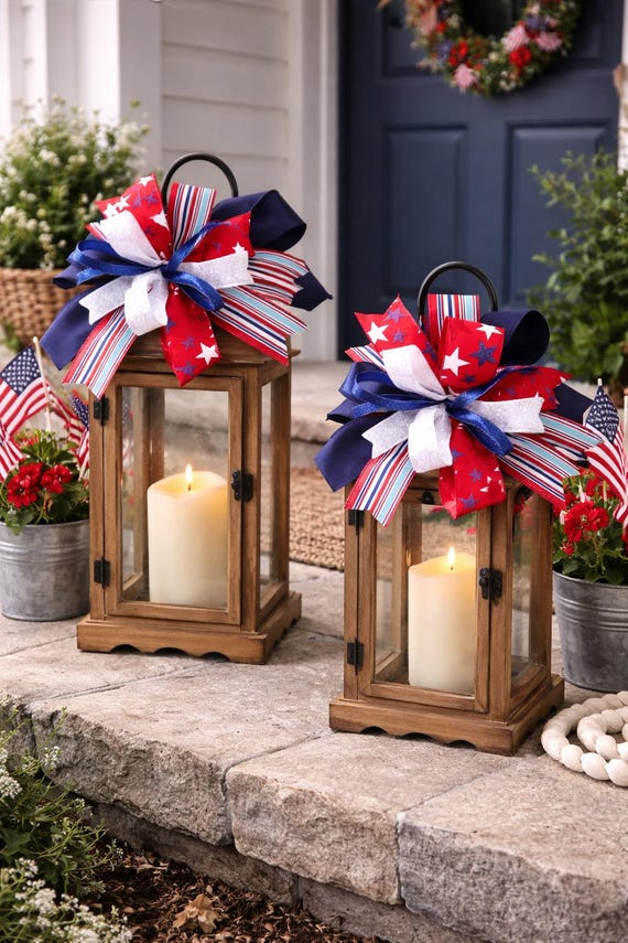 Patriotic Lantern Bow, Red White Blue Stars Stripes Ribbon, Americana Decor, listing is for one bow