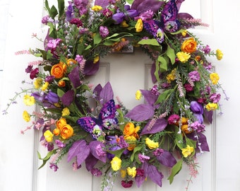 Couronne de fleurs sauvages printanière, couronne de Pâques violette et jaune, décoration printanière, décoration murale, couronne de tous les jours pour la porte d'entrée, cadeau pour maman