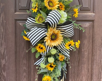 Summer swag, Sunflower teardrop wreath, front door hanger, Farmhouse porch decor, Summer wreath for front door, staging accessories