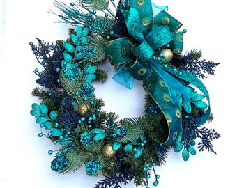 Peacock Christmas Wreath, Glittery peacock feathers, Holiday Door Hanger