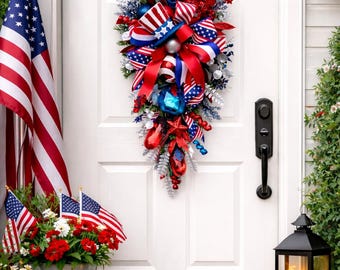 XL Patriotic Door Swag Wreath, Red White Blue Front Door Decor, 4th of ...