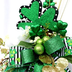 St. Patricks Day Centerpiece, St.Pattys table decorations, Shamrock decor, Green White floral arrangements,pot of gold image 4