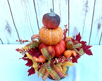 Orange Pumpkin Topiary, Fall farmhouse stacked pumpkins arrangement, Fall centerpiece table decorations, Thanksgiving table centerpiece