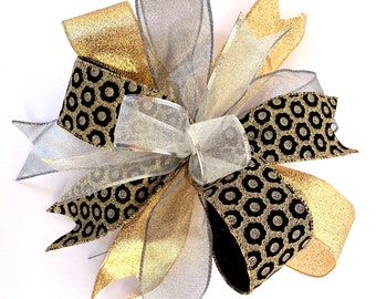 Black Gold Silver Christmas bow for wreaths, New Year’s Eve bow, mantle bow, lantern bow, Tree topper, gift bow, Limited quantities