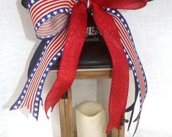 Americana Patriotic Lantern Bow, Red White Blue Wreath Accent, USA Burlap Linen Decoration