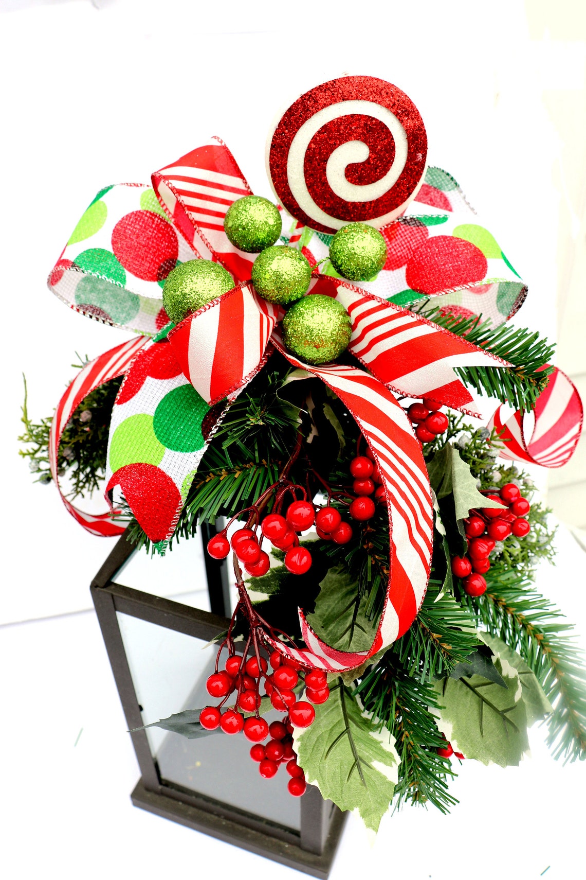 Christmas Lantern Swag Red White Green Peppermint Candy Bow Etsy