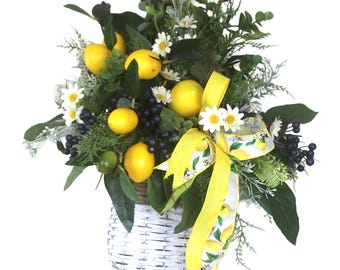 Lemon Door Hanger Basket, Faux Lemons, Daisies, Greenery, Farmhouse Summer Decor