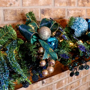 Peacock Garland Christmas Mantle, fireplace garland, Stair Railing decor, Over the door Swag, Fireplace mantle pine garland, Various lengths image 3