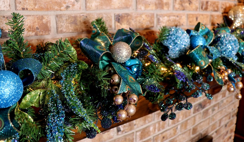 Peacock Garland Christmas Mantle, fireplace garland, Stair Railing decor, Over the door Swag, Fireplace mantle pine garland, Various lengths image 3