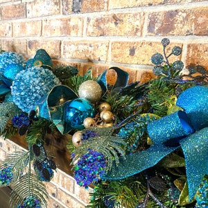 Peacock Garland Christmas Mantle, fireplace garland, Stair Railing decor, Over the door Swag, Fireplace mantle pine garland, Various lengths image 1