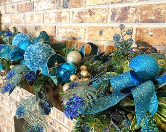 Peacock Christmas Garland, Gold Berry Pine, Holiday Mantle Decor