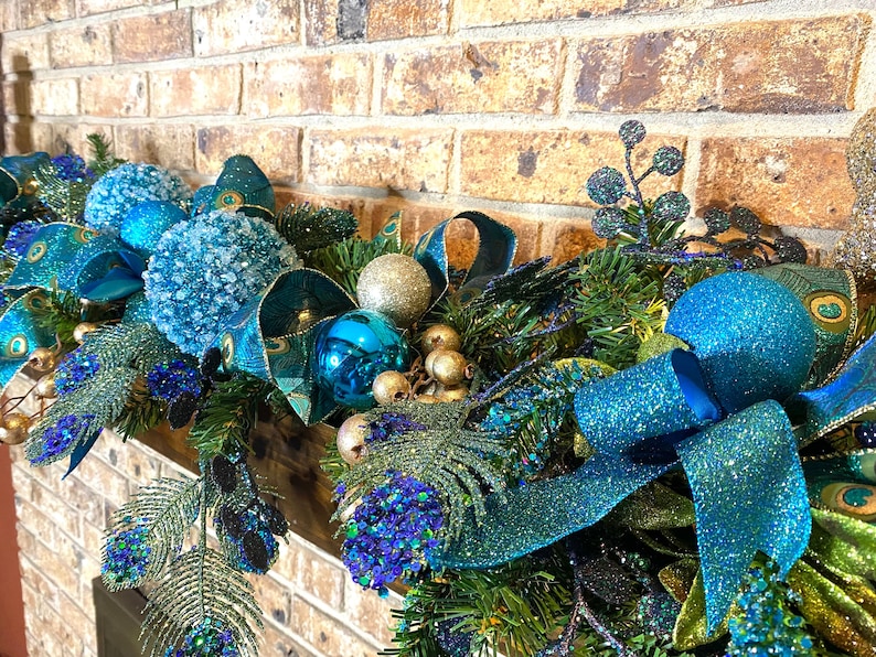 Peacock Garland Christmas Mantle, fireplace garland, Stair Railing decor, Over the door Swag, Fireplace mantle pine garland, Various lengths image 1