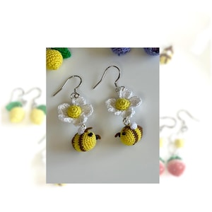Micro Crochet  Earrings – Strawberry with Daisy , Lemon with Leaf or Cute bees, Handmade Mini Dangle Earrings, Lightweight Kawaii Jewelry