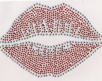 Lips Iron on Hot Fix Rhinestone Transfer -- Red and Clear