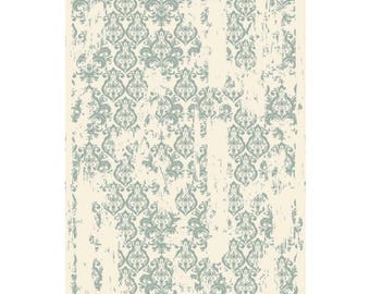 May include: A sheet of distressed damask decoupage paper. The design features a repeating pattern of teal-colored floral motifs on a cream-colored background with a distressed, aged appearance. The paper has a vintage aesthetic.