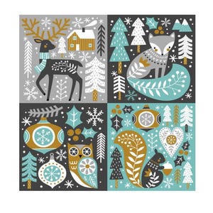 May include: A square, illustrated design featuring four panels with winter and holiday themes. The panels include a deer, fox, owl, and squirrel, along with trees, snowflakes, and ornaments in a palette of gray, teal, and gold.
